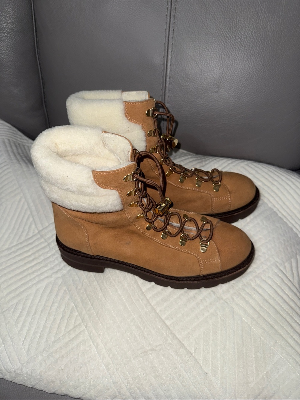 Stuart Weitzman Tan Suede Shearling Cuff Hiking Boots